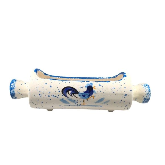 Vintage Rooster Cracker Tray Los Angeles Potteries Blue Stipple Rare HTF READ - Picture 2 of 10